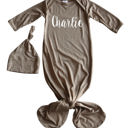 Newborn Light Heather Brown Personalized Knotted Gown with Lush Font + Matching Knotted Hat