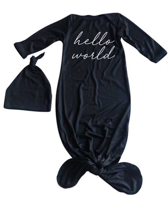 Hello World Silky Knotted Baby Gown with Matching Knotted Hat