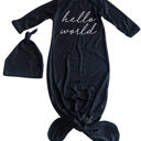 Newborn Black Hello World Silky Knotted Baby Gown with Matching Knotted Hat