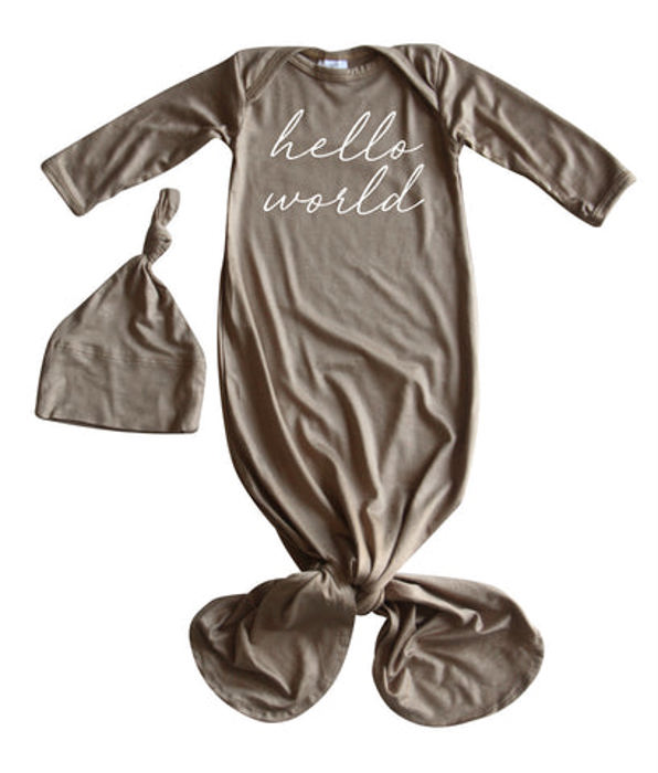 Hello World Silky Knotted Baby Gown with Matching Knotted Hat