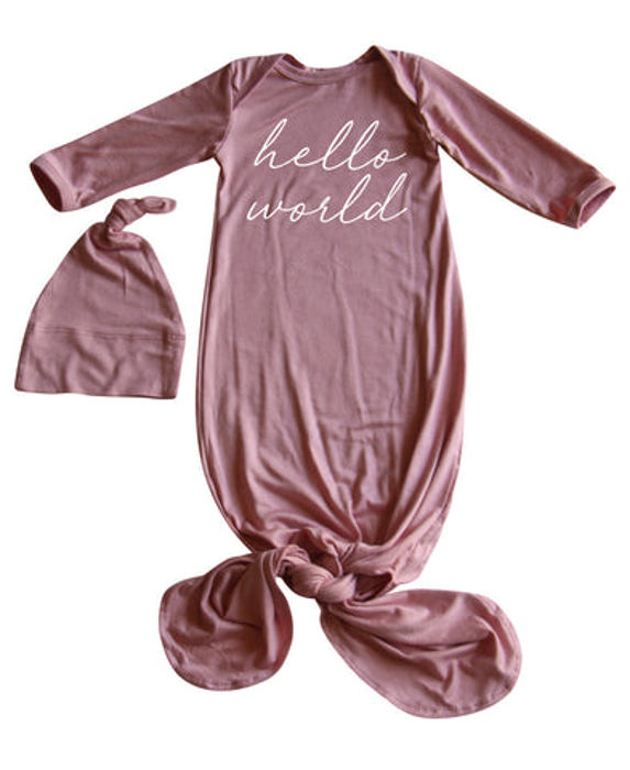Hello World Silky Knotted Baby Gown with Matching Knotted Hat