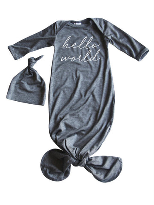 Hello World Silky Knotted Baby Gown with Matching Knotted Hat