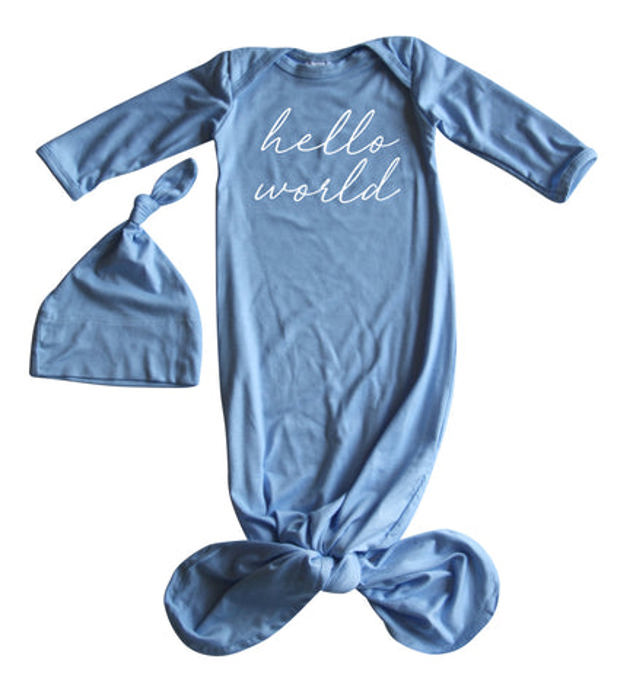 Hello World Silky Knotted Baby Gown with Matching Knotted Hat