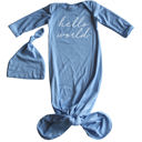 Newborn Light Blue Hello World Silky Knotted Baby Gown with Matching Knotted Hat