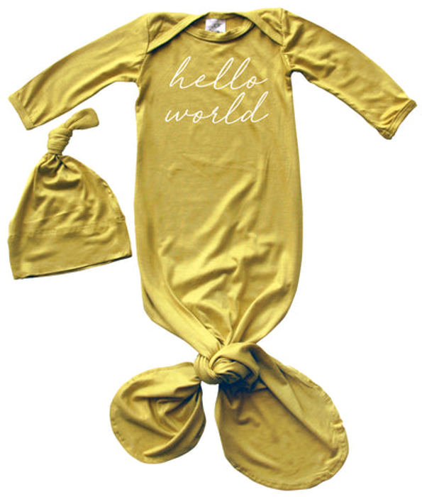 Hello World Silky Knotted Baby Gown with Matching Knotted Hat