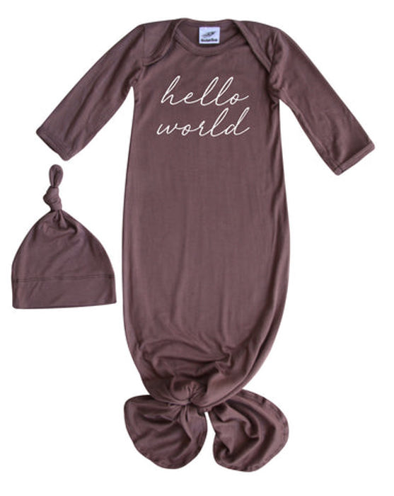 Hello World Silky Knotted Baby Gown with Matching Knotted Hat