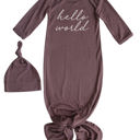 Newborn Dark Mauve Hello World Silky Knotted Baby Gown with Matching Knotted Hat