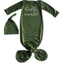 3M Olive Hello World Silky Knotted Baby Gown with Matching Knotted Hat