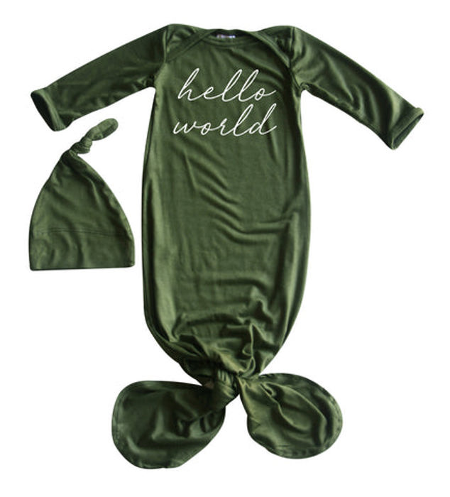 Hello World Silky Knotted Baby Gown with Matching Knotted Hat