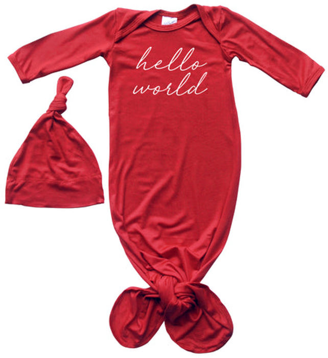 Hello World Silky Knotted Baby Gown with Matching Knotted Hat