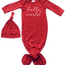 Newborn Red Hello World Silky Knotted Baby Gown with Matching Knotted Hat