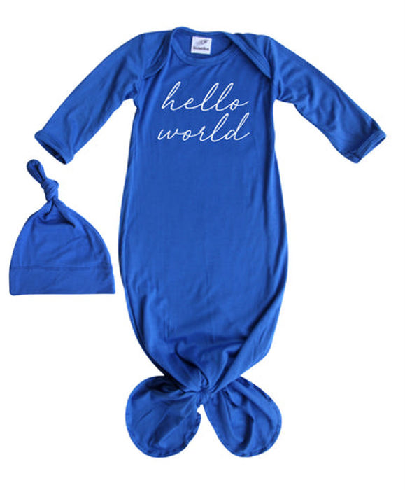 Hello World Silky Knotted Baby Gown with Matching Knotted Hat