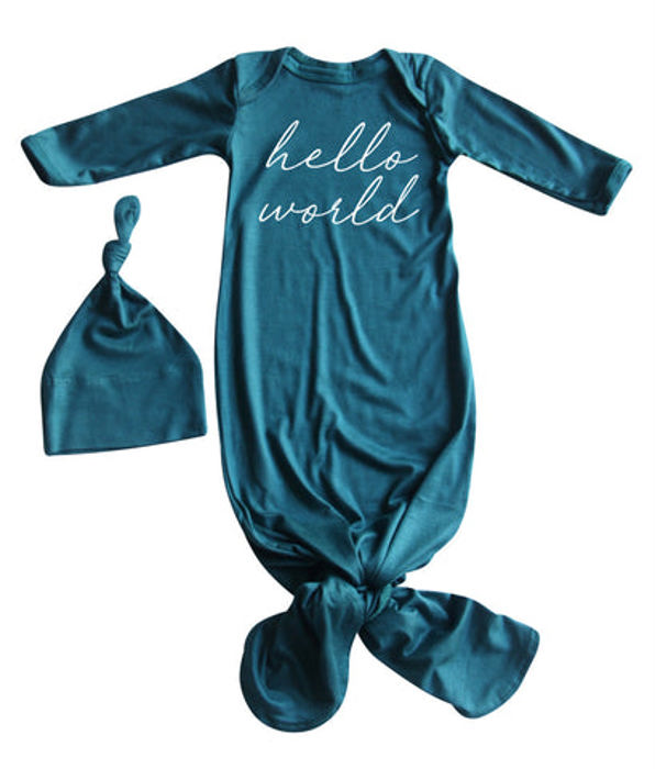 Hello World Silky Knotted Baby Gown with Matching Knotted Hat