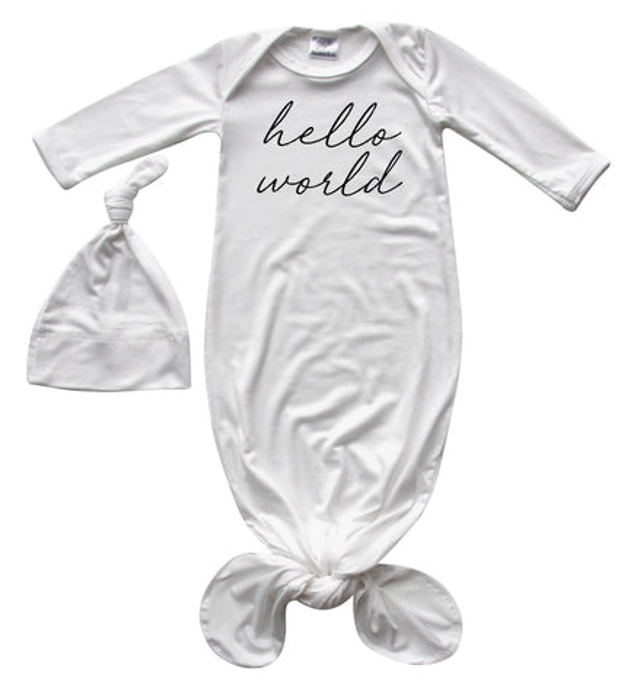 Hello World Silky Knotted Baby Gown with Matching Knotted Hat