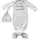 Newborn Off White Hello World Silky Knotted Baby Gown with Matching Knotted Hat
