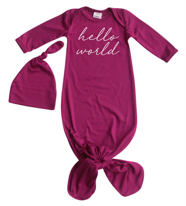 Hello World Silky Knotted Baby Gown with Matching Knotted Hat