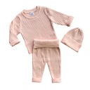 12M Blush Soft Knit Baby Outfit - Matching Long Sleeve Pants, Top, and Hat Set