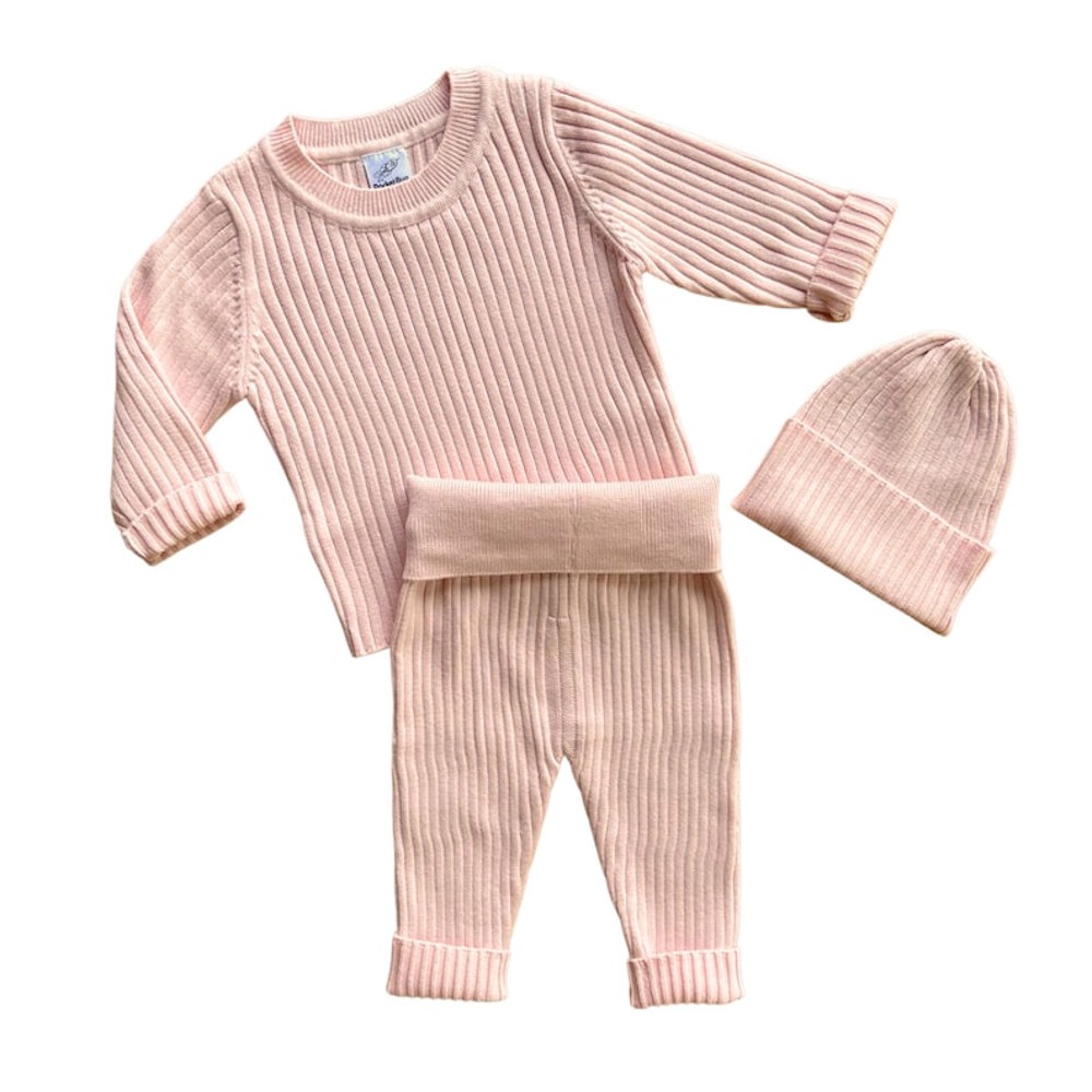 Soft Knit Baby Outfit - Matching Long Sleeve Pants, Top, and Hat Set