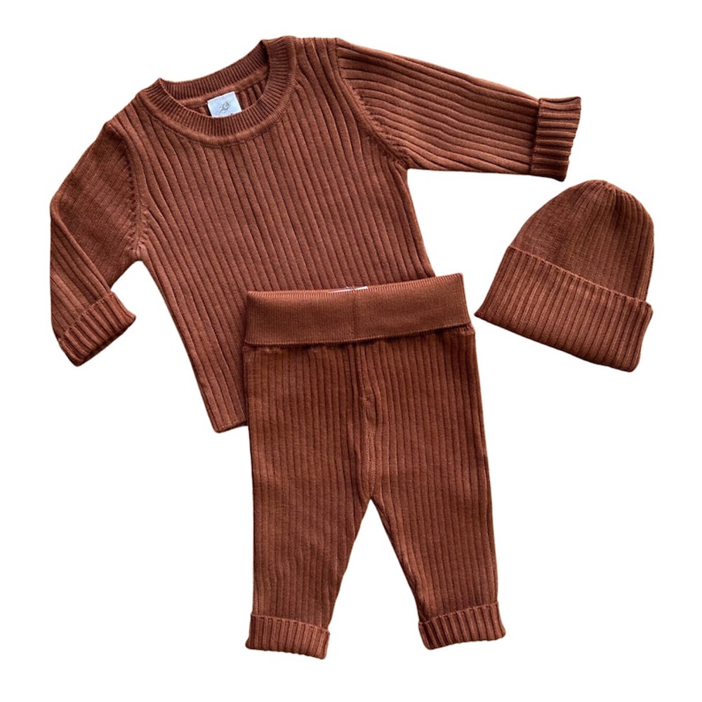 Soft Knit Baby Outfit - Matching Long Sleeve Pants, Top, and Hat Set