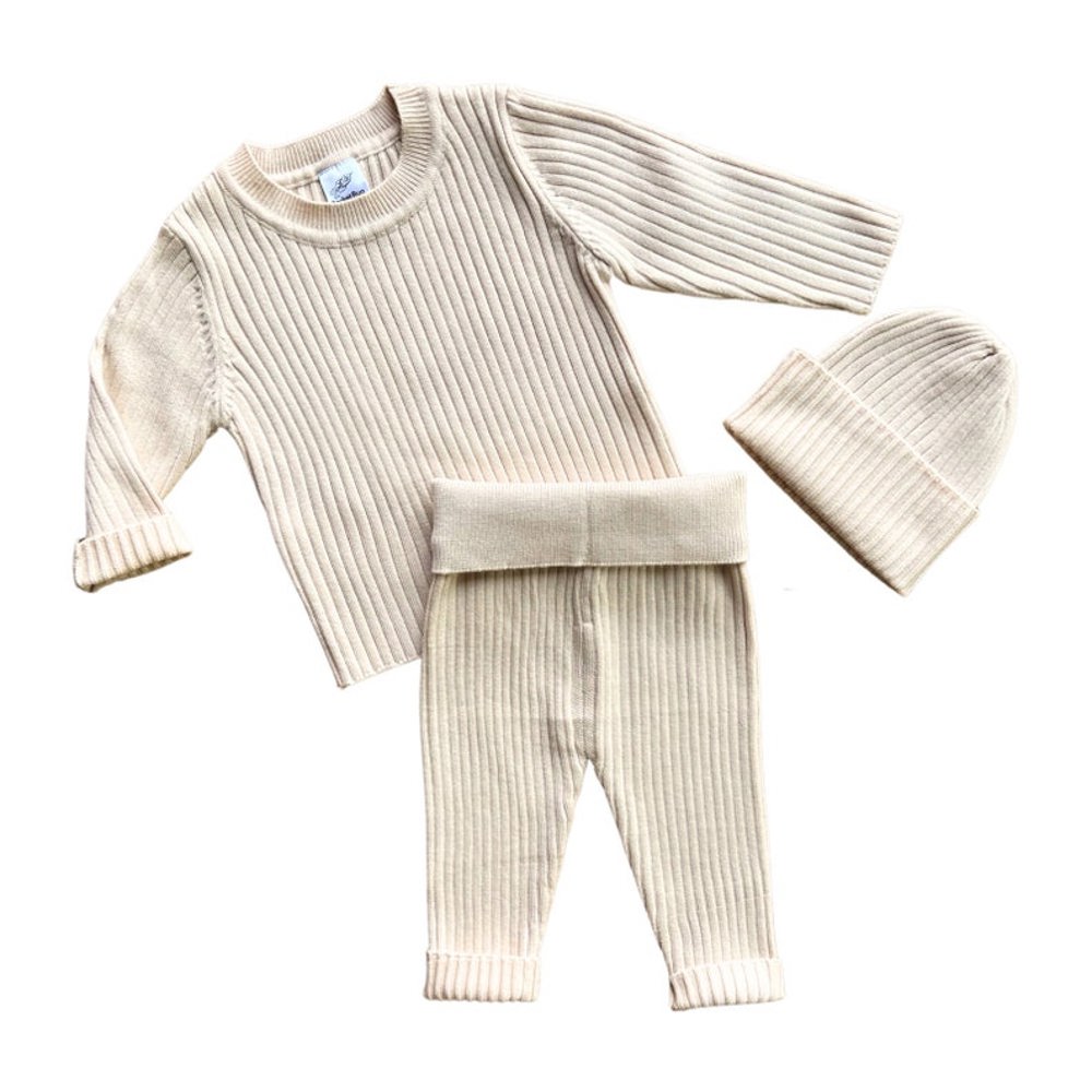 Soft Knit Baby Outfit - Matching Long Sleeve Pants, Top, and Hat Set