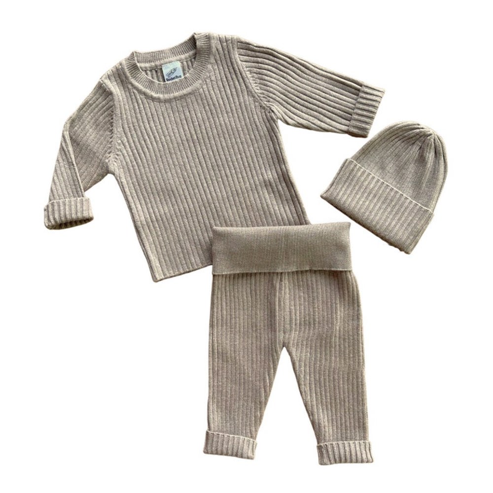 Soft Knit Baby Outfit - Matching Long Sleeve Pants, Top, and Hat Set