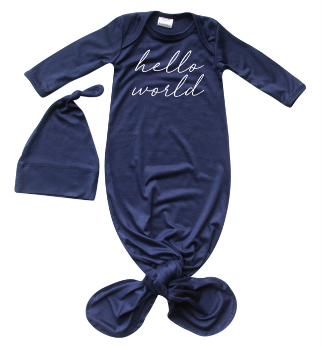 Hello World Silky Knotted Baby Gown with Matching Knotted Hat