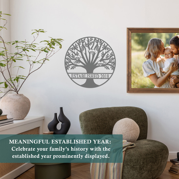 Tree of Life Personalized Family Tree Metal Sign with Hearts – Custom Name & Date – Large Laser Cut Steel Wall Art