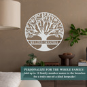 18 inch Silver Powder Coat Tree of Life Personalized Family Tree Metal Sign with Hearts – Custom Name & Date – Large Laser Cut Steel Wall Art