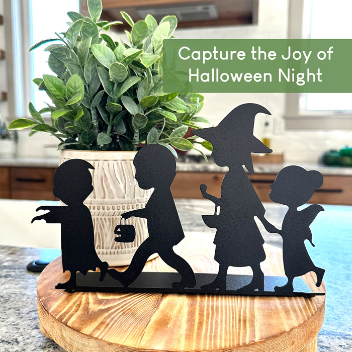 Kids Trick or Treat Silhouette – 9" Wide Halloween Tabletop Metal Decoration – Vampire, Witch, Fairy & Zombie – Bendable Stand