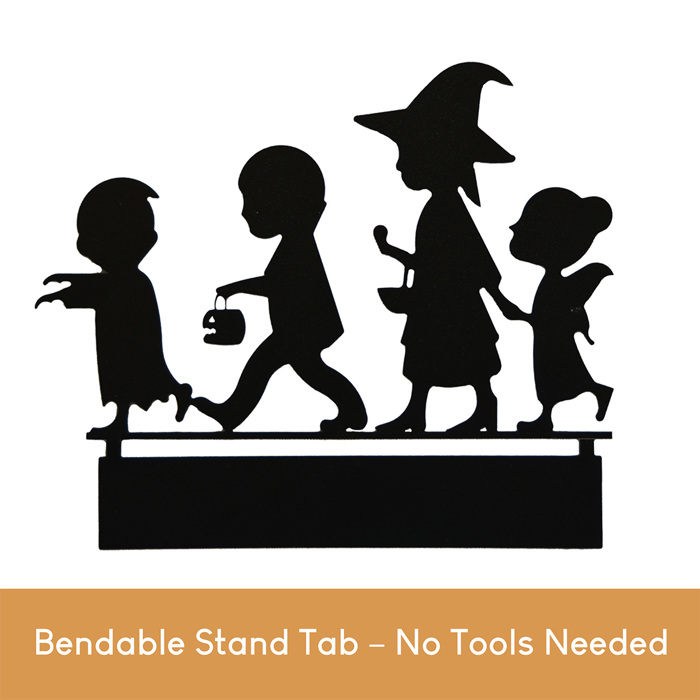 Kids Trick or Treat Silhouette – 9" Wide Halloween Tabletop Metal Decoration – Vampire, Witch, Fairy & Zombie – Bendable Stand