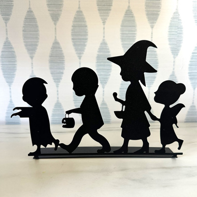 Kids Trick or Treat Silhouette – 9" Wide Halloween Tabletop Metal Decoration – Vampire, Witch, Fairy & Zombie – Bendable Stand