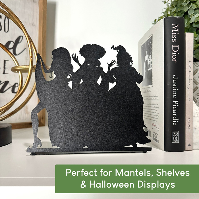 Three Salem Sisters Tabletop Silhouette | Halloween Witch Trio Outline Décor | 9" Metal Standing Sign with Bendable Tab