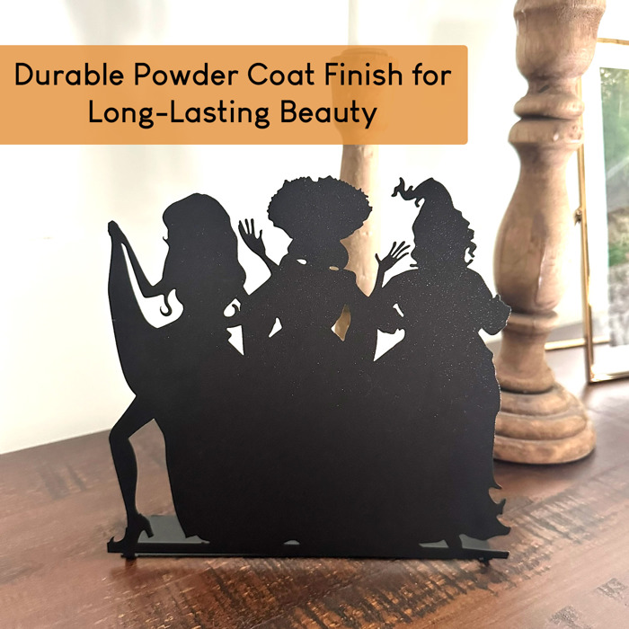 Three Salem Sisters Tabletop Silhouette | Halloween Witch Trio Outline Décor | 9" Metal Standing Sign with Bendable Tab