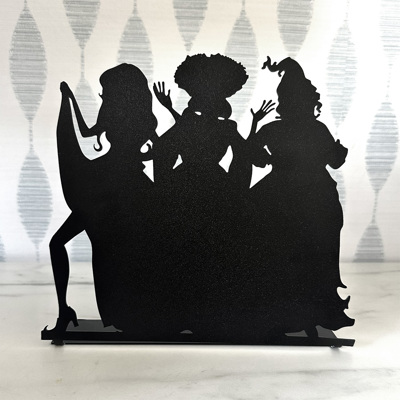 Three Salem Sisters Tabletop Silhouette | Halloween Witch Trio Outline Décor | 9" Metal Standing Sign with Bendable Tab