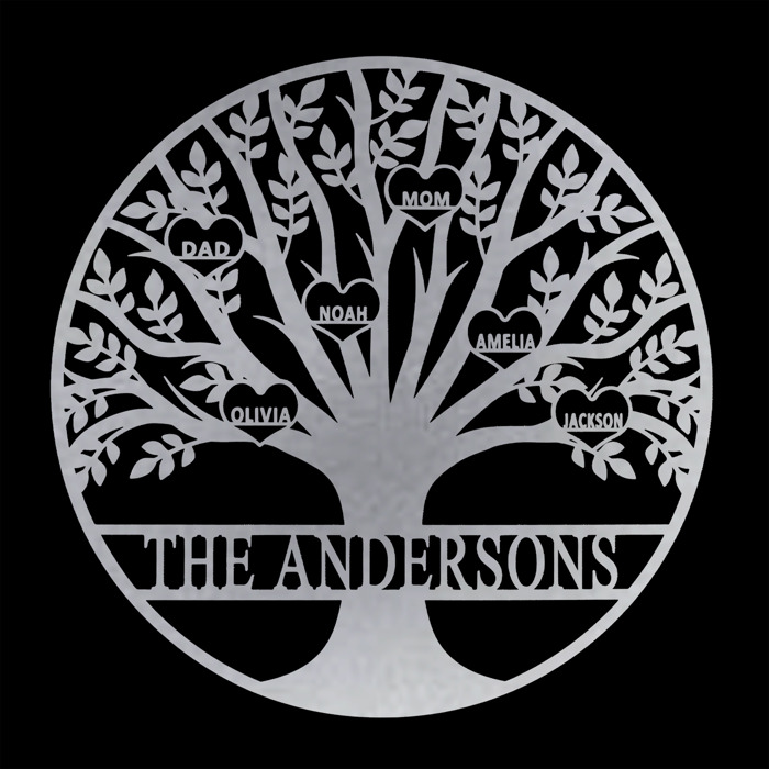 Tree of Life Personalized Family Tree Metal Sign with Hearts – Custom Name & Date – Large Laser Cut Steel Wall Art