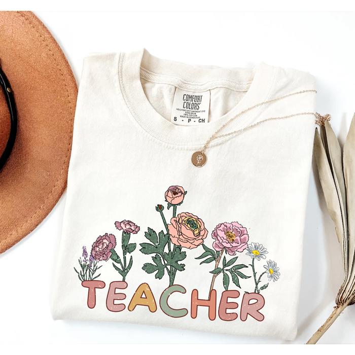 Floral Teacher Shirt by Comfort Colors – Back to School Graphic Tee, Cute Teacher Outfit, Boho Aesthetic Teacher Gift for Women