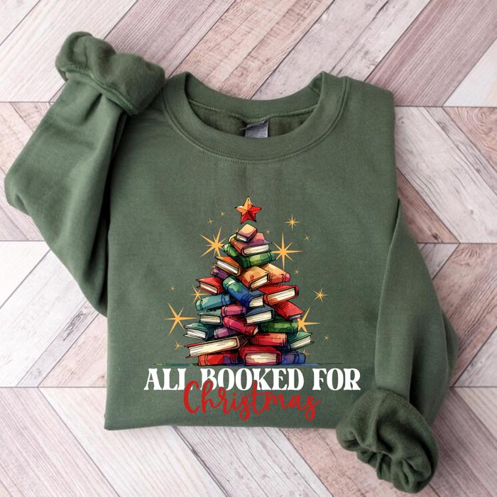 All Booked for Christmas Sweatshirt – Cute Teacher Holiday Crewneck, Book Lover Gift, Cozy Reading Christmas Top, Neutral Winter Pullover