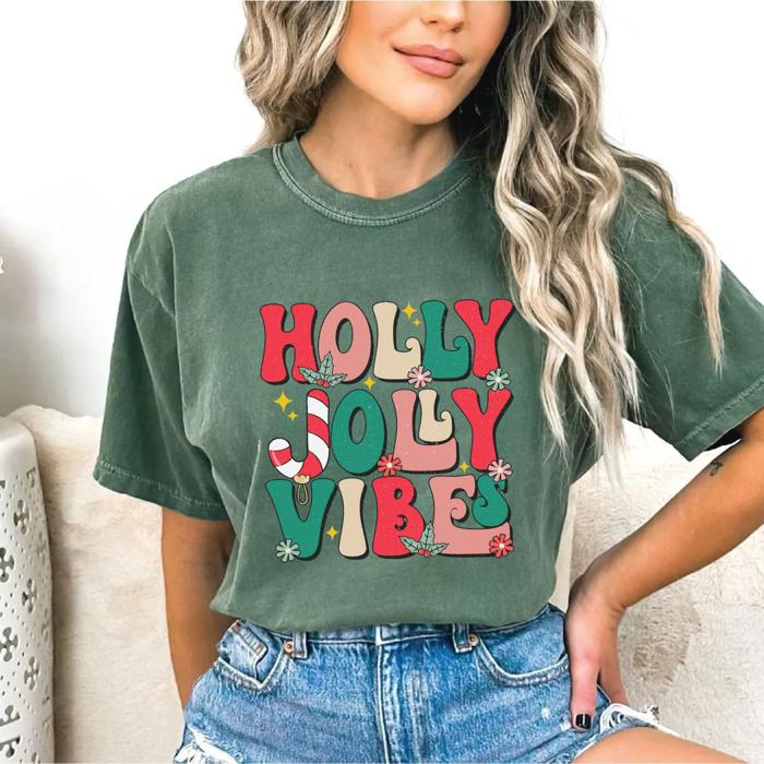 Christmas Graphic Tee Collection – 5 Festive Holiday Designs | Merry & Bright, Holly Jolly, Leopard Bolt, Retro Christmas Vibes | Gift for Her