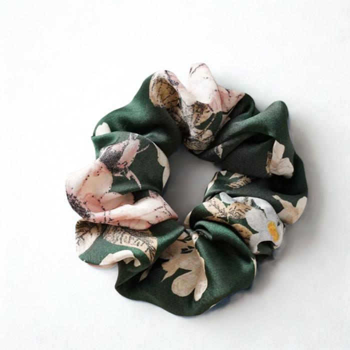 Floral Satin Scrunchie, Large Hair Ties for Women, Ponytail Holder, Elegant Hair Accessory, Bridesmaid Gift, Everyday Scrunchies