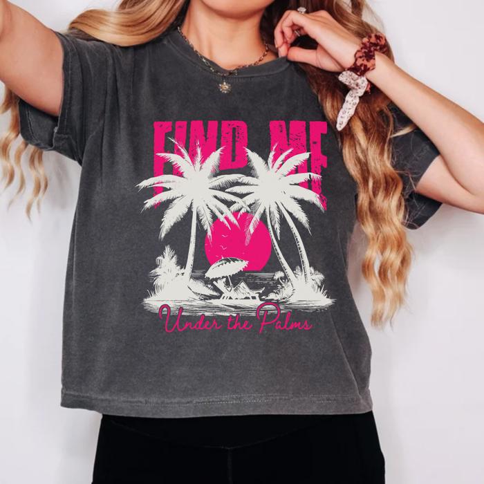 Find Me Under the Palms Comfort Colors Crop Top, Coastal Cowgirl Aesthetic – Retro Beach Summer Style, Y2K Beach Graphic T Shirt, Vacation Outfit, Gift for Her