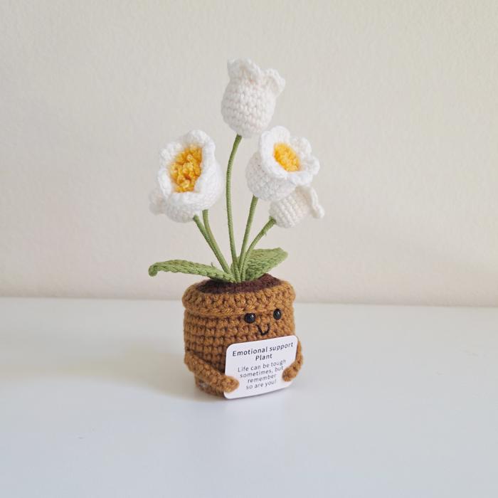 Crochet Flower Hug Pot – Emotional Support Potted Plant with Positive Message, Gift for Mom, Dad, or Teacher, Amigurumi Home Decor