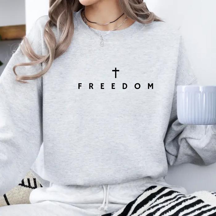 Freedom Cross Christian Sweatshirt – Minimal Faith Crewneck, Comfort Colors Style Cozy Top, Inspirational Gift for Her, Neutral Winter Pullover