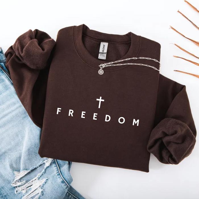 Freedom Cross Christian Sweatshirt – Minimal Faith Crewneck, Comfort Colors Style Cozy Top, Inspirational Gift for Her, Neutral Winter Pullover