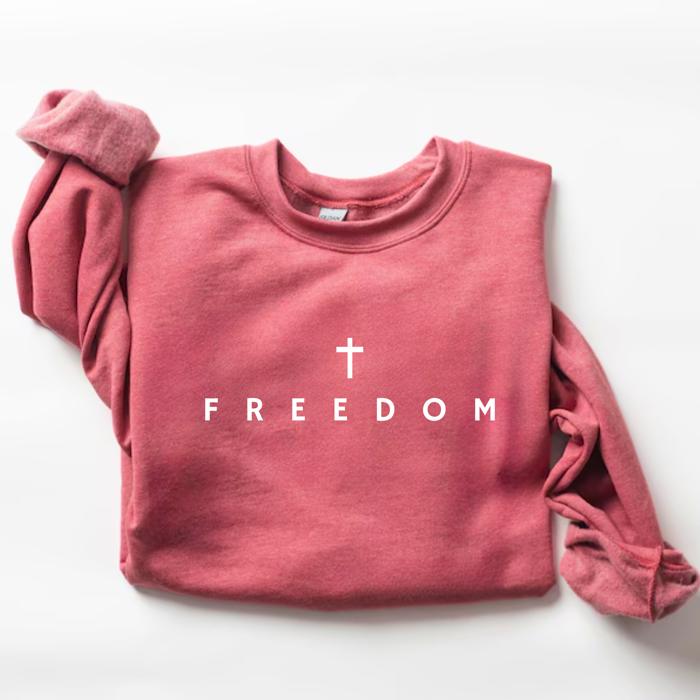 Freedom Cross Christian Sweatshirt – Minimal Faith Crewneck, Comfort Colors Style Cozy Top, Inspirational Gift for Her, Neutral Winter Pullover