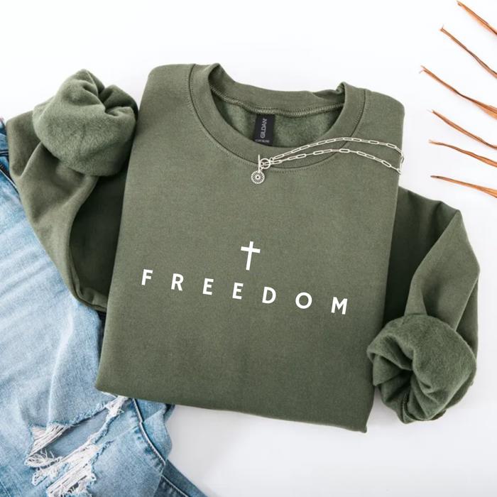 Freedom Cross Christian Sweatshirt – Minimal Faith Crewneck, Comfort Colors Style Cozy Top, Inspirational Gift for Her, Neutral Winter Pullover