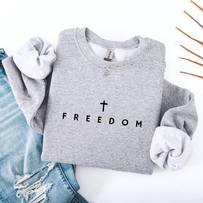 Freedom Cross Christian Sweatshirt – Minimal Faith Crewneck, Comfort Colors Style Cozy Top, Inspirational Gift for Her, Neutral Winter Pullover
