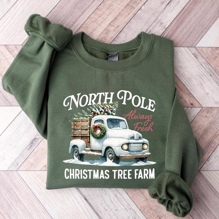North Pole Christmas Tree Farm Sweatshirt – Vintage Holiday Truck Graphic, Cozy Winter Pullover, Merry Christmas Top, Gift for Her