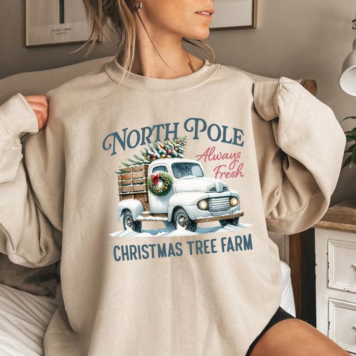 North Pole Christmas Tree Farm Sweatshirt – Vintage Holiday Truck Graphic, Cozy Winter Pullover, Merry Christmas Top, Gift for Her