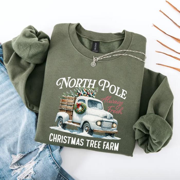 North Pole Christmas Tree Farm Sweatshirt – Vintage Holiday Truck Graphic, Cozy Winter Pullover, Merry Christmas Top, Gift for Her