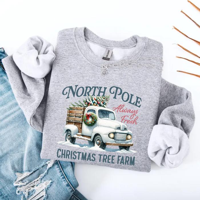 North Pole Christmas Tree Farm Sweatshirt – Vintage Holiday Truck Graphic, Cozy Winter Pullover, Merry Christmas Top, Gift for Her